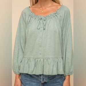 Hem & Thread - Mint Sage Cotton Peplum Boho Blouse ‐ Size M